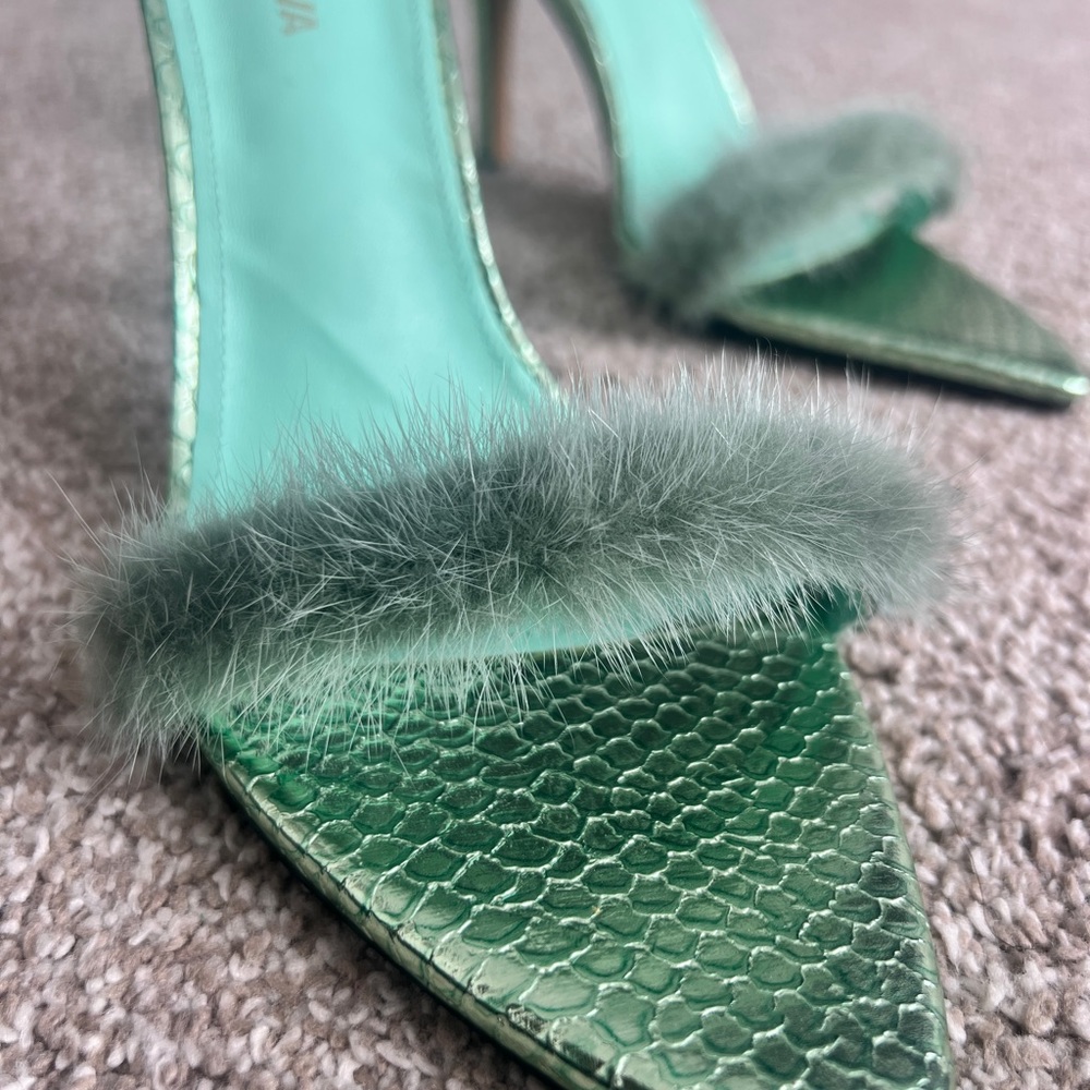 Seafoam Green mule with faux fur.